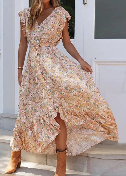 Instant Discount New Ruffled Lace Up Print Chiffon Dresses Summer