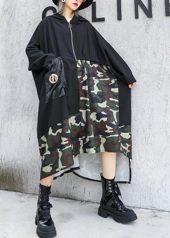 comfy dressElegant black patchwork camouflage hooded low high design cotton Dress