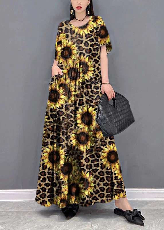 statement dressBeautiful Yellow leopard print O-Neck Print Pockets Long Dresses Short Sleeve