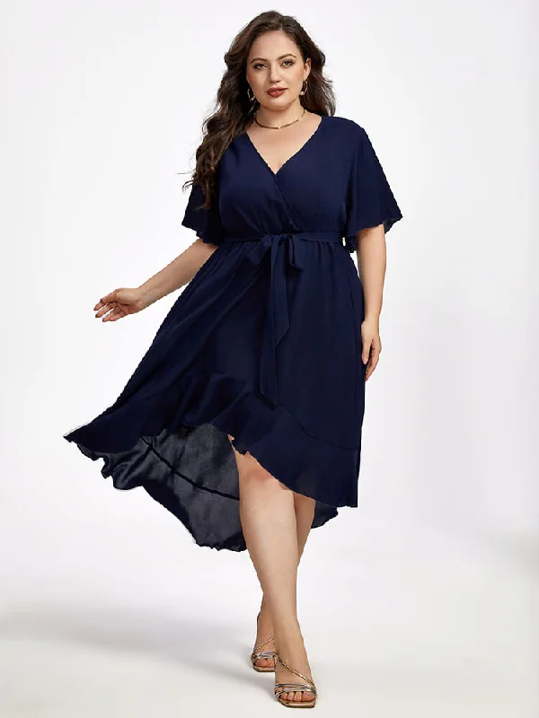 tiered dressPlus Ruffle Sleeve V-Neck Knot Side Wrap Ditsy Midi Dress