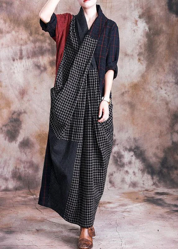 knit dressFrench v neck linen Long Shirts pattern plaid patchwork Dress fall