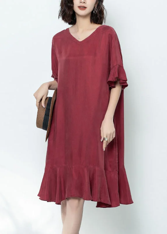 Price Smash Elegant Mulberry V Neck Ruffled Patchwork Long Dress Summer