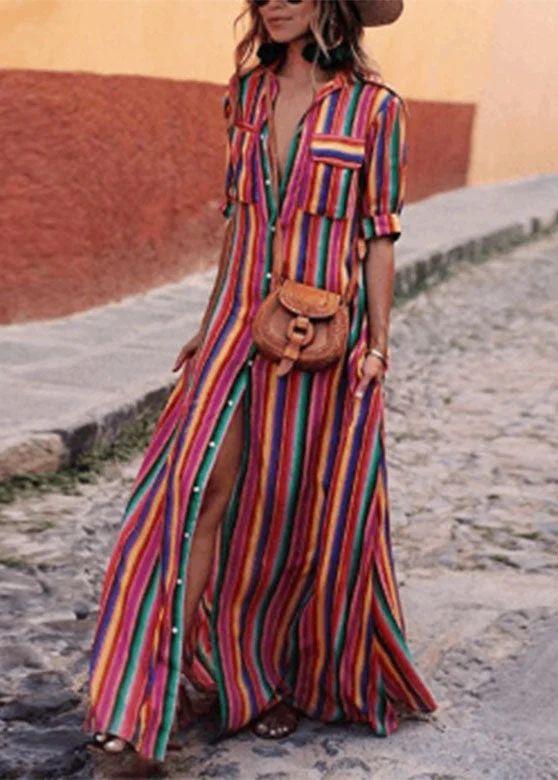 Savings Alert Fashion Rainbow Striped Button Tie Waist Maxi Shirts Dresses Summer