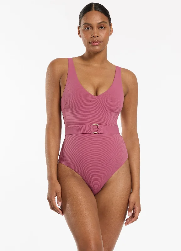 Markdown Madness Isla Rib V-Neckline Belted One Piece - Mauve