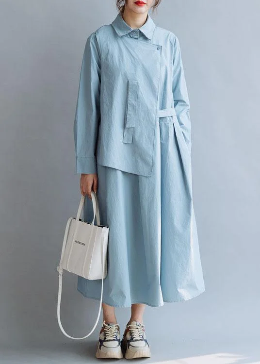 tiered dressSimple lapel asymmetric cotton Wardrobes Shirts blue cotton robes Dresses fall