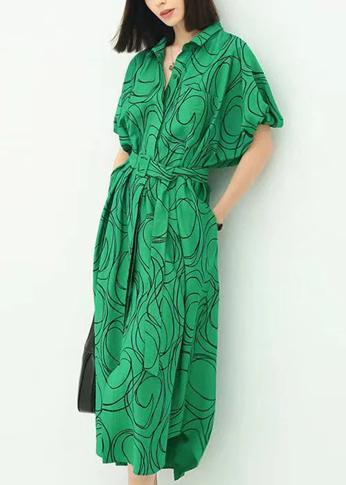 Amazing Deals French Green Print Tie Waist Cotton Shirts Dresses Summer