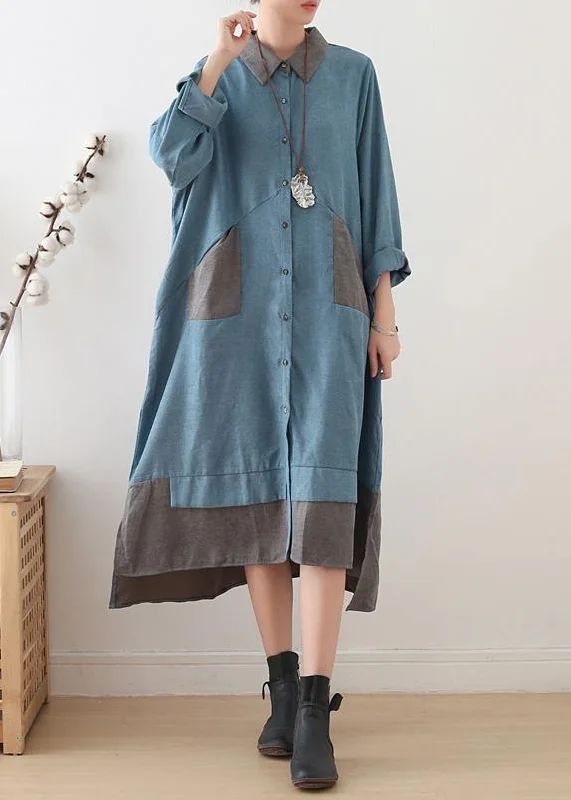 spaghetti strap dressWomen light blue cotton clothes lapel drawstring Dresses fall Dress