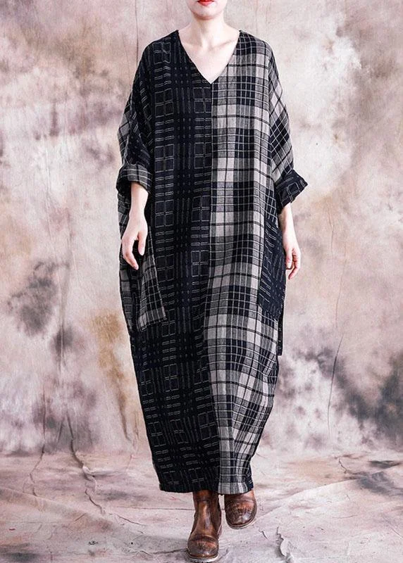 office dressVivid black plaid linen cotton Robes v neck tie waist Dresses fall Dresses