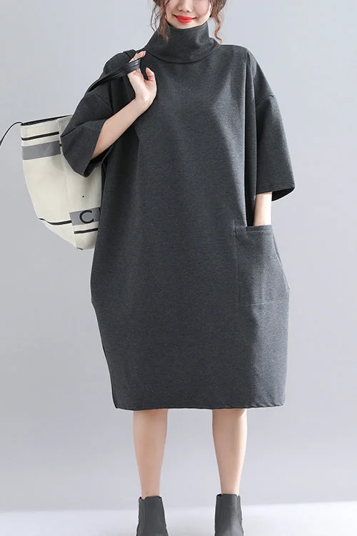 cocktail party dressOrganic dark gray Knit dress Sweets design high neck Half sleeve baggy spring Dress