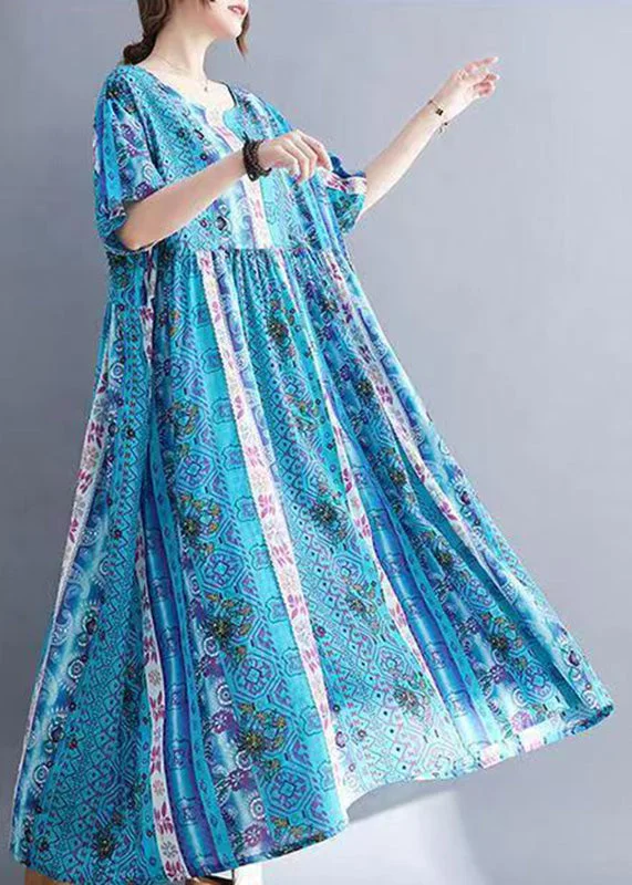 elegant evening dressLoose Blue O-Neck Print Patchwork Long Dresses Short Sleeve