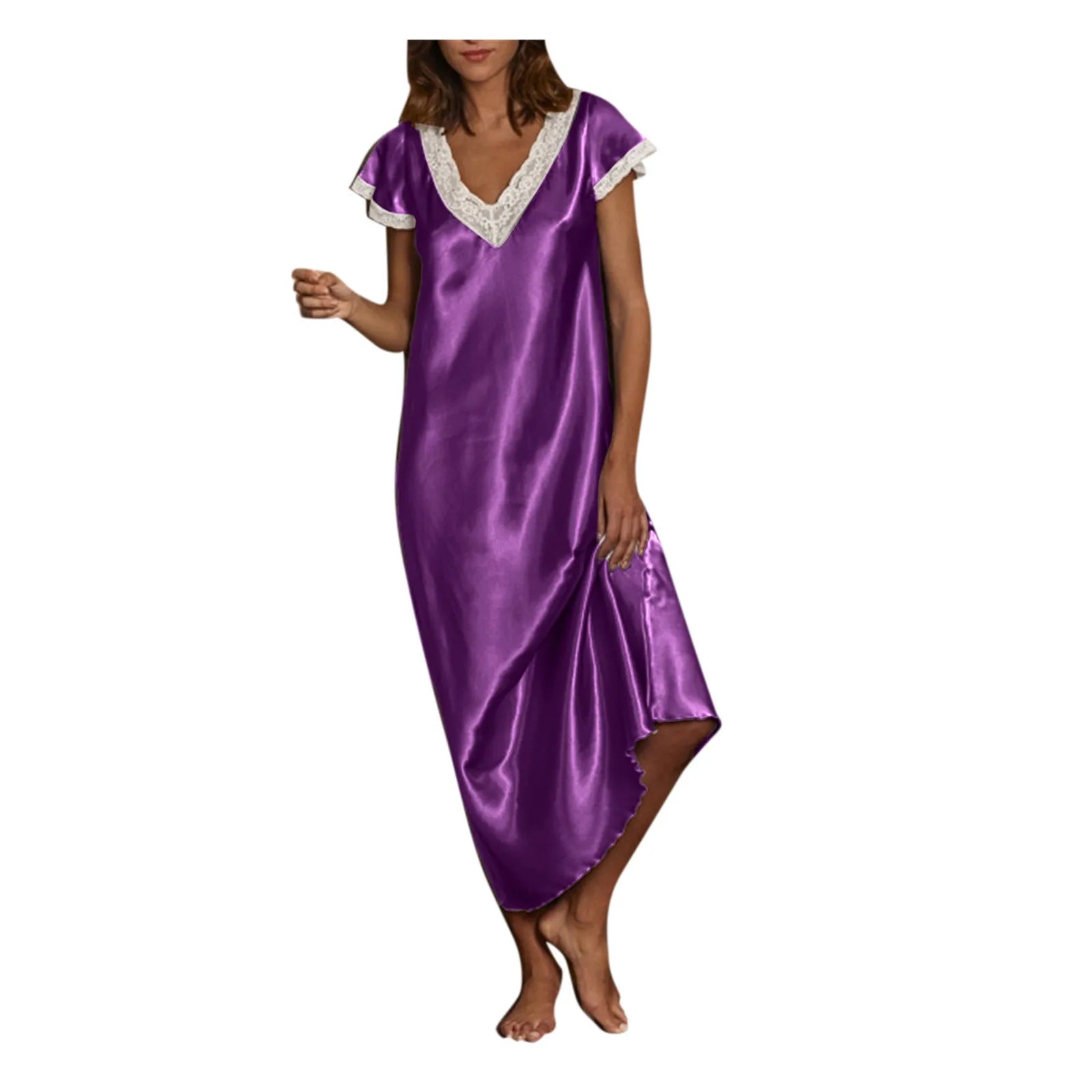 Extra Discounts JuliaFashion - Women Pijamas 2024 Sexy Nightgown Long Satin Sleepwear Short Sleeve Lace V Neck Homewear Pajamas Nightwear Robe Femme Dress