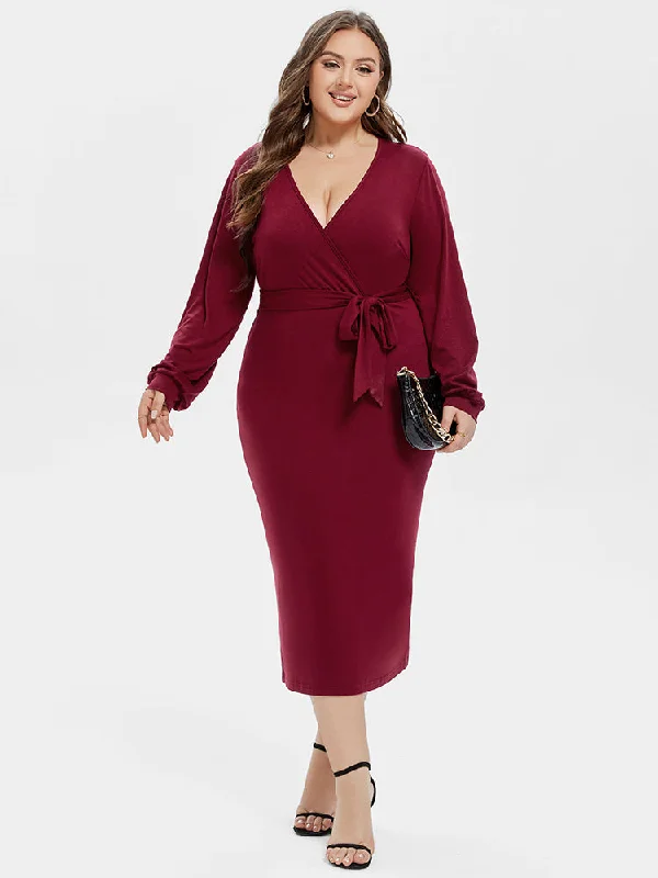 floral dressV-Neck Lantern Sleeve Belted Wrap Midi Dress