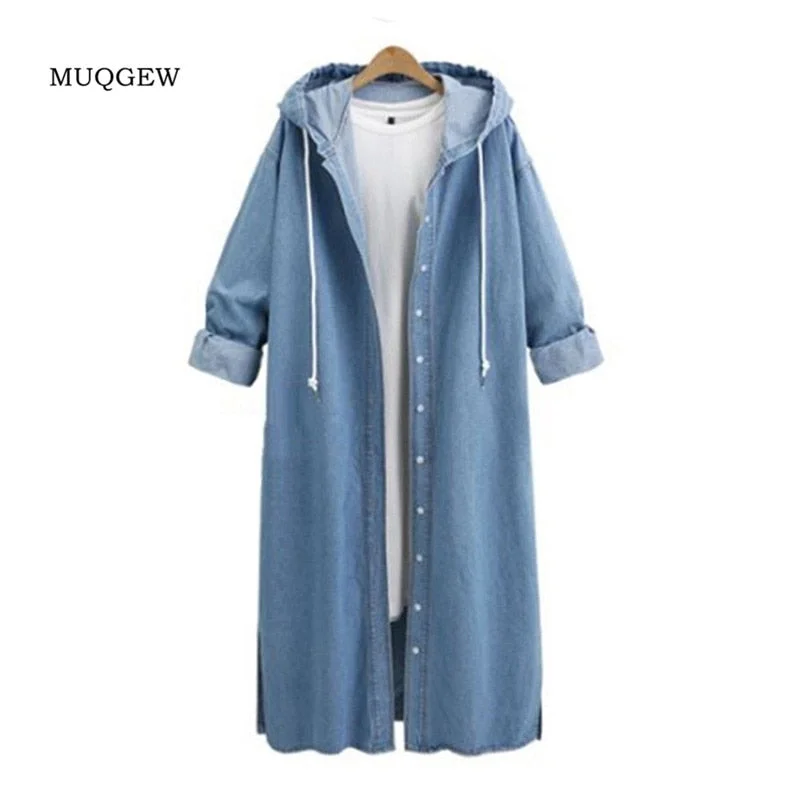 casual coatFashion Women Hooded Casual Long Sleeve Wide-waisted Solid Denim Jacket Long Jean Coat Outwear Overcoats