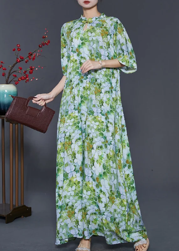 Special Price Chinese Style Green Print Cotton Cheongsam Dresses Summer