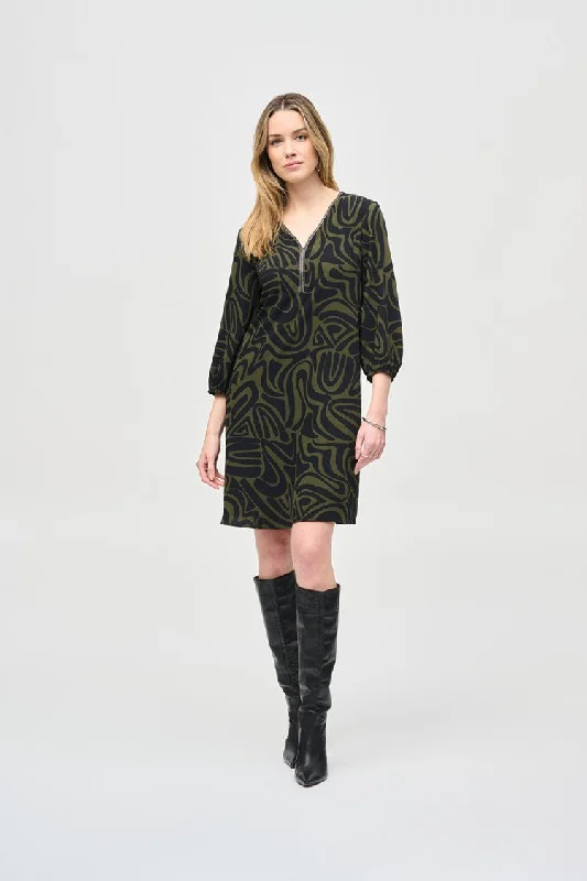 winter dressJoseph Ribkoff Black Green Woven Abstract Print A-Line Dress