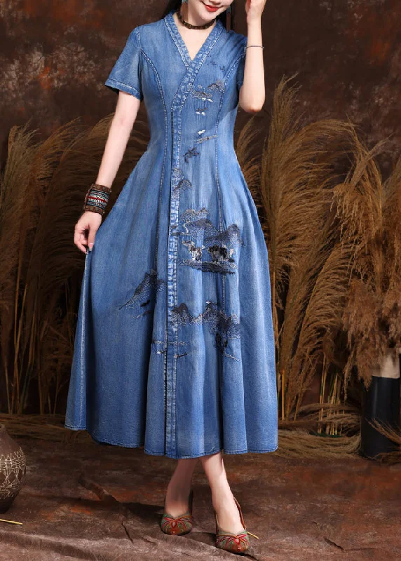 stylish dressFine Blue V Neck Embroidered Patchwork Vacation Maxi Denim Dresses Summer