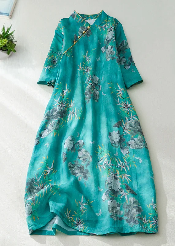 sophisticated dressNatural Green Stand Collar Print Button Long Dress Short Sleeve