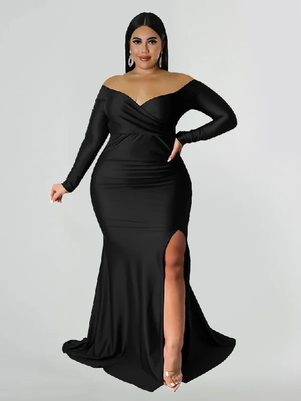 silk dressSolid Off Shoulder V-Neck Split Satin Dress