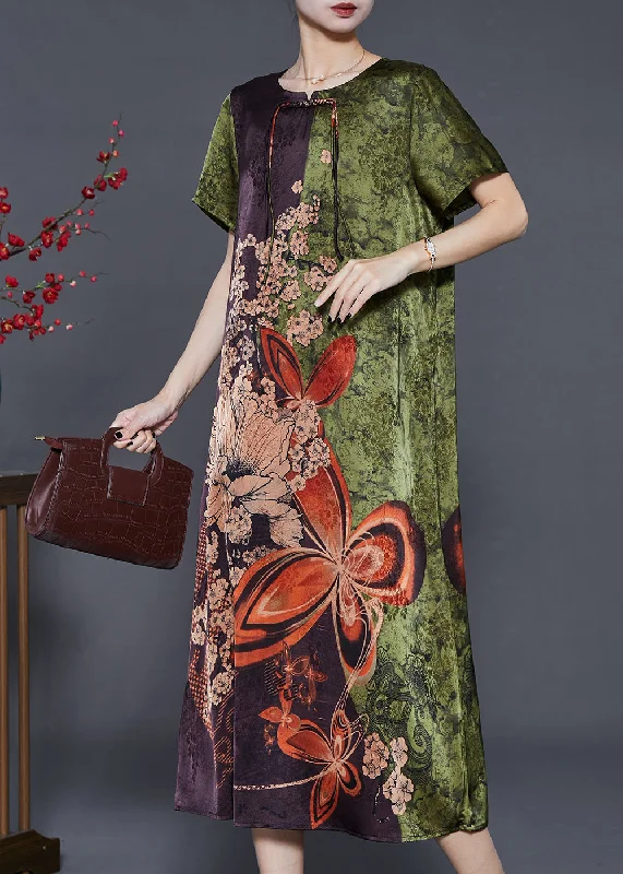 Exclusive Savings Green Print Silk Holiday Dress Chinese Button Summer