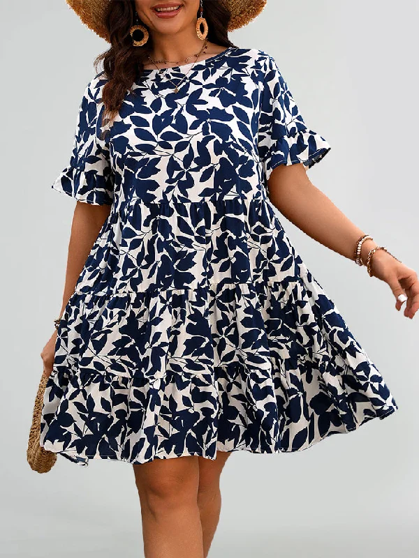 draped dressFloral Print Round Neck Ruffle Hem Dress