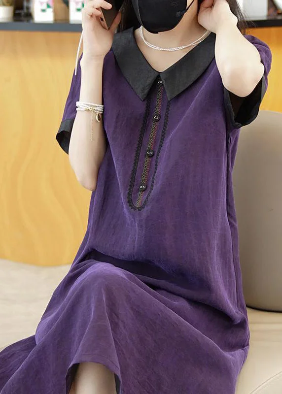 Price Cut Elegant Purple Solid Patchwork Silk Long Dress Summer
