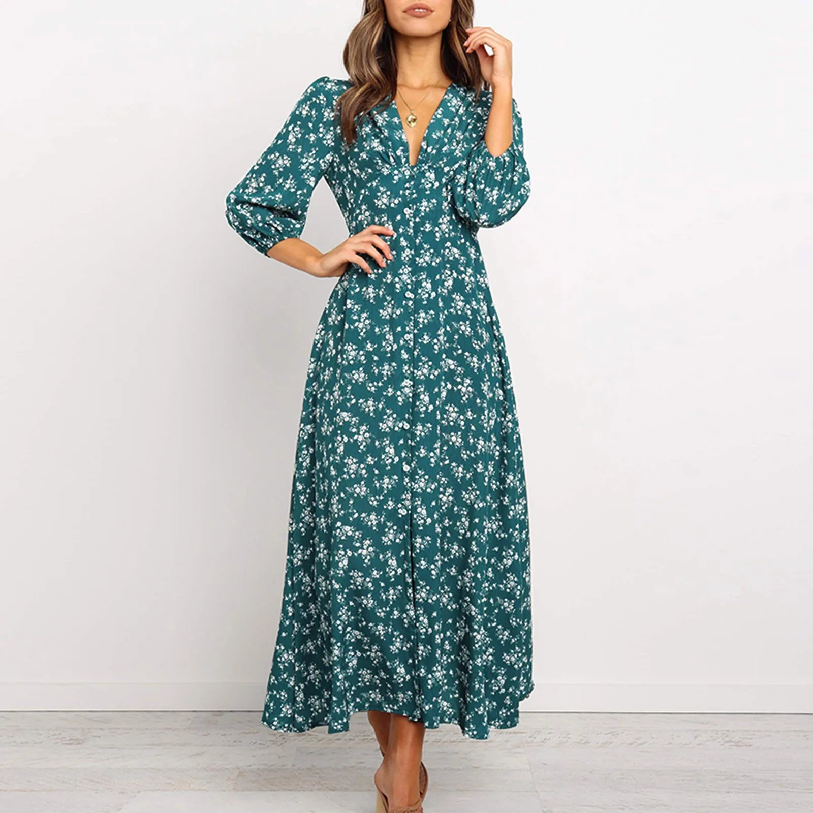 modern dressJuliaFashion - Women Floral V Neck Maxi 2024 Spring Summer Ladies Long Puff Sleeve Flared A-Line Fashion Casual For Women Dress