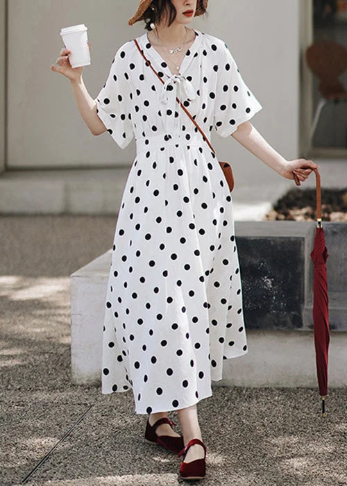 cocktail dressItalian White Lace Up Print Chiffon Long Dress Summer