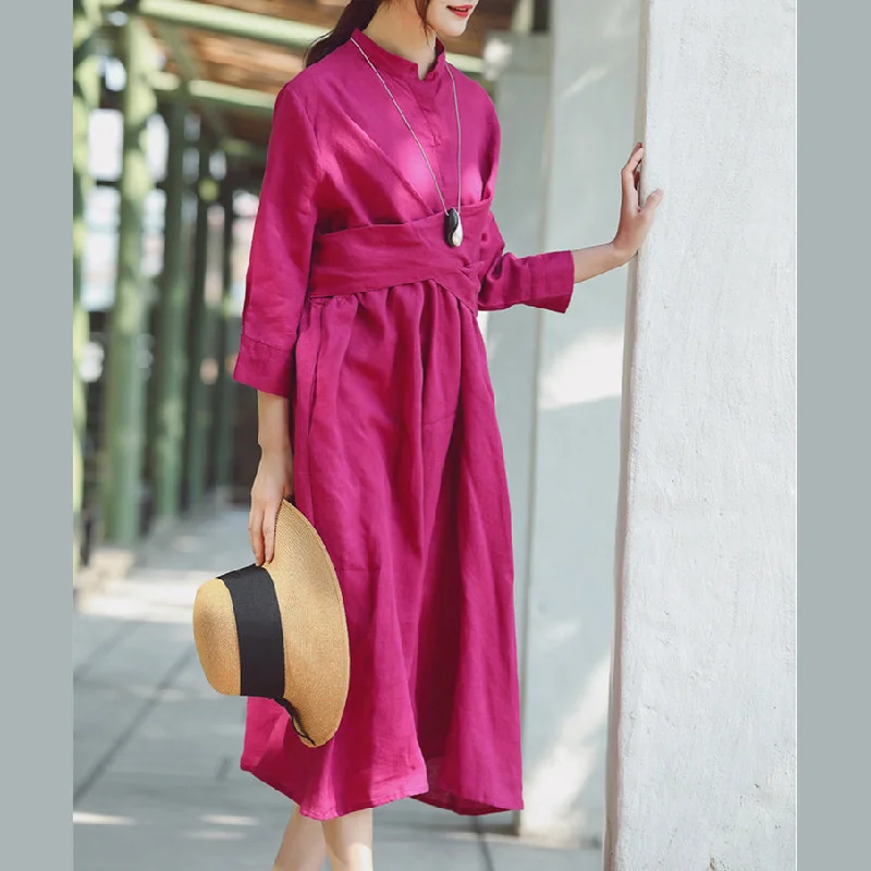 office dressbaggy rose cotton linen dress casual Stand cotton linen clothing dress New Three Quarter sleeve baggy dresses