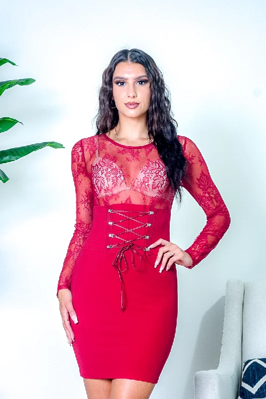 comfy maxi dressFloral Lace Empire Waist Long Sleeve Mini Dress with Bustier Style Cinching Leatherette Tie in Red (HD7207)