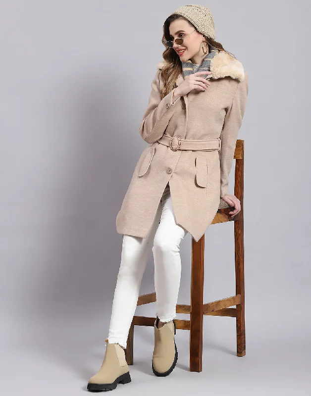 winter coatWomen Beige Solid Collar Full Sleeve Coat