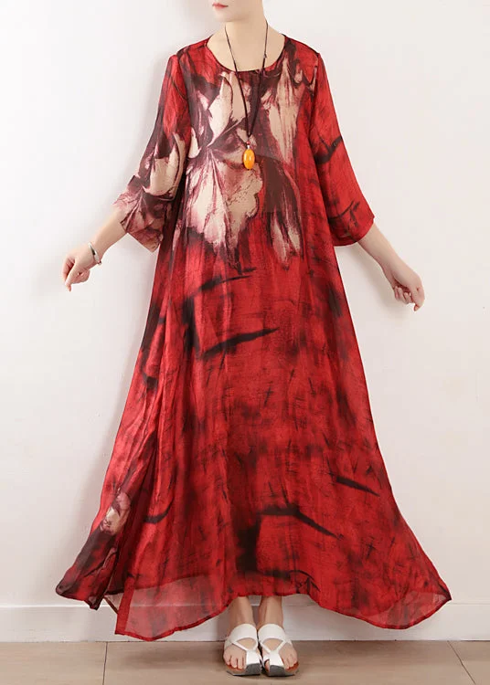 elegant dressNatural red print silk dresses asymmetric big hem Kaftan summer Dresses