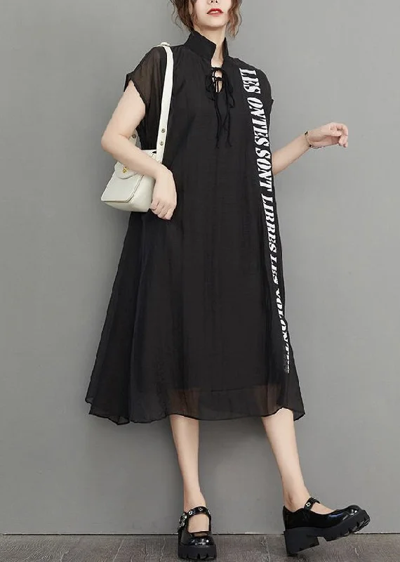 trendy mini dressLoose Black Letter Embroidered Pockets Silk Cotton Dresses Summer