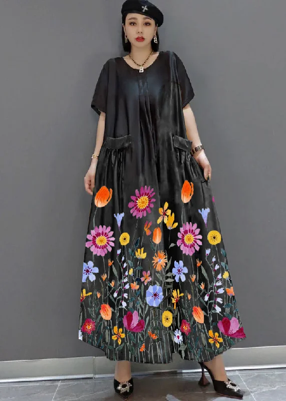 elegant shift dressloose black-hem flower O-Neck Print Satin Maxi Dress Summer