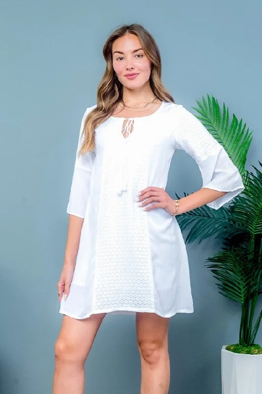 oversized dress‘Retro Chic’ 3/4 Bell Sleeve Mini Dress with Round Neckline and Drawstring Keyhole Detail in White (MB1073)