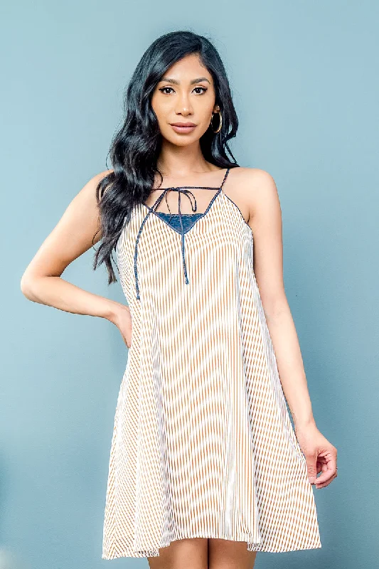 Early Access Spaghetti Strap Striped A-Line Dress with Lace & Tie Accent (L5208)