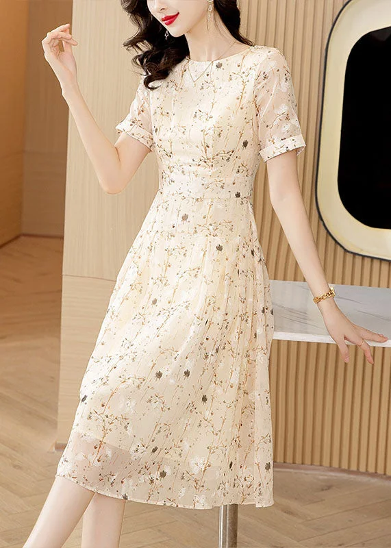 cocktail dressItalian Apricot O-Neck Print Wrinkled Chiffon Dresses Summer