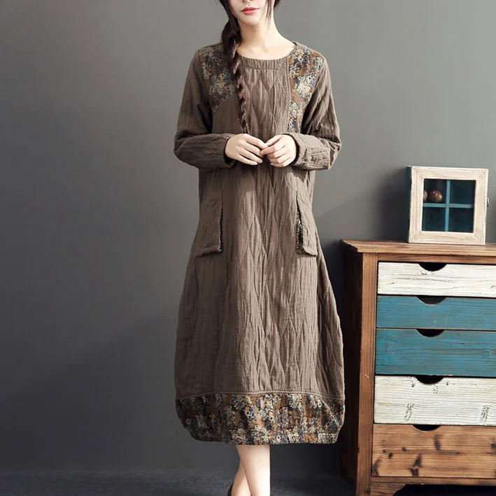 satin midi dresswinter warm khaki prints patchwork cotton dresses linen plus size casual long sleeve thick dress