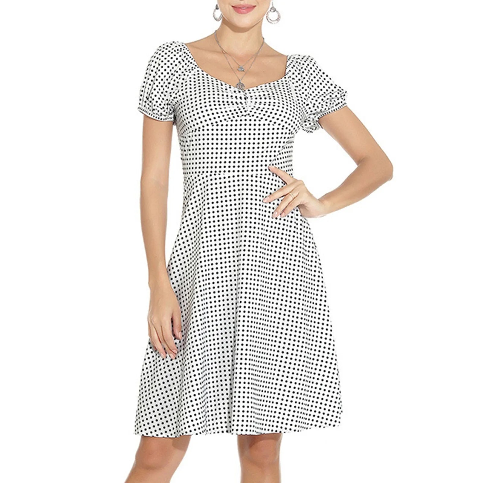 draped dressJuliaFashion - New Square Neck Puff Short Sleeve Elastic Shirred Slim Swing Midi French Style Polka Dot A Line Dress