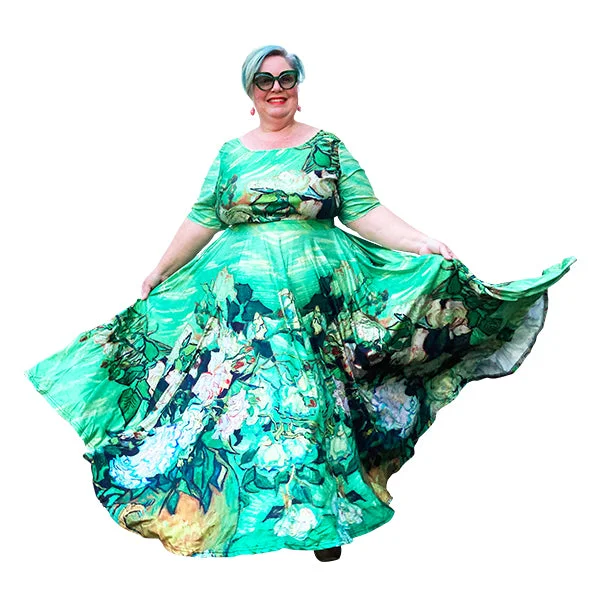 structured dressArt Series: Van Gogh's Roses Maxi Dress Plus Size with Fitted Bodice, Sleeves and Voluminous Circle Skirt