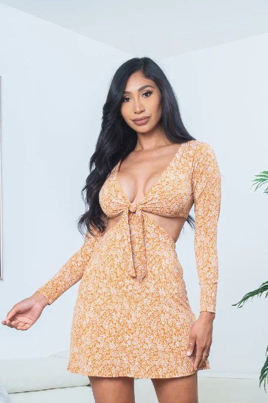 layered dressFloral Print Long Sleeve Tie Front Plunge V Neck Mini Dress with Midriff Cutout in Mustard (DR96989)