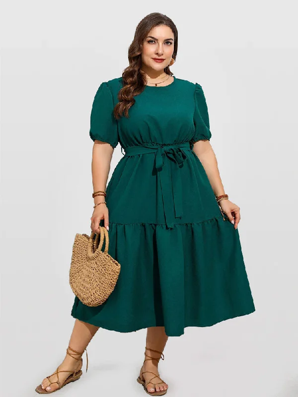 casual shift dressSolid Round Neck Ruffle Trim Belted Midi Dress