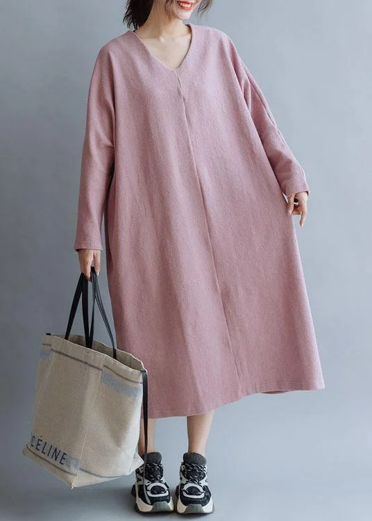 A-line dressWomen pink linen cotton outfit v neck Traveling fall Dresses