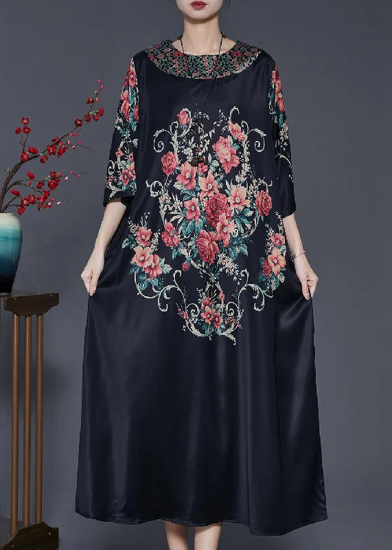 Inventory Reduction Vintage Black Oversized Floral Silk Dresses Summer
