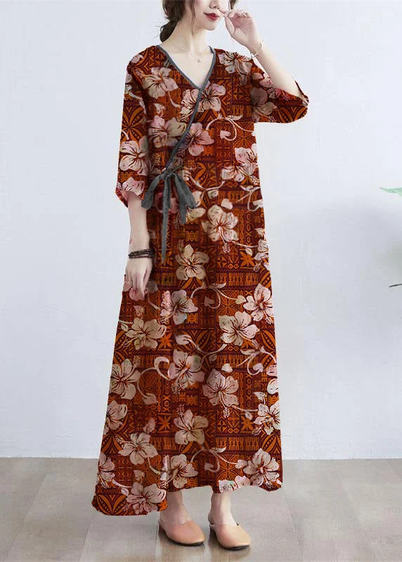 ruched dressSimple  orange  Print V Neck Floral Summer Tie Waist Long Dresses Half Sleeve