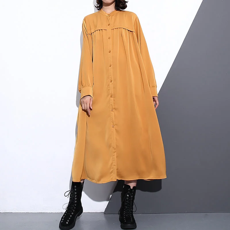 chic dressNew yellow silk cotton blended caftans plus size clothing stand collar silk cotton blended clothing dress fine pockets Cinched caftans