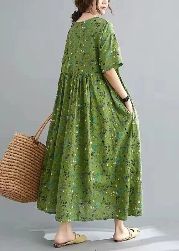 casual summer dressPlus Size Green Print Patchwork Long Dress Short Sleeve