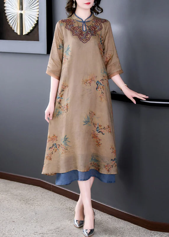 Limited Time Discount Loose Khaki Stand Collar Print Pockets Linen Long Dresses Half Sleeve