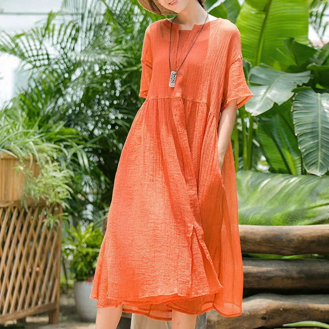 v-neck dressvintage orange long cotton blended dress plus size clothing v neck baggy two pieces cotton blended gown New short sleeve dresses