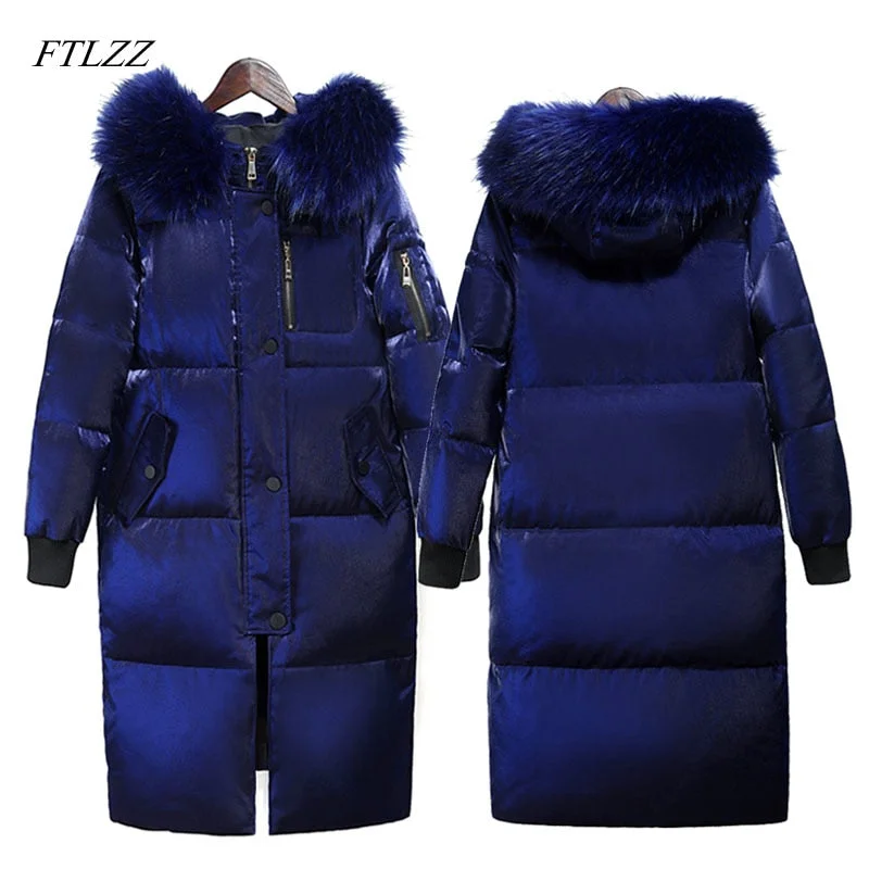 Exclusive Access FTLZZ Winter Long Down Jacket Women Big Fur Collar Hooded White Duck Down Long Parkas Coat Female Slim Snow Outerwear
