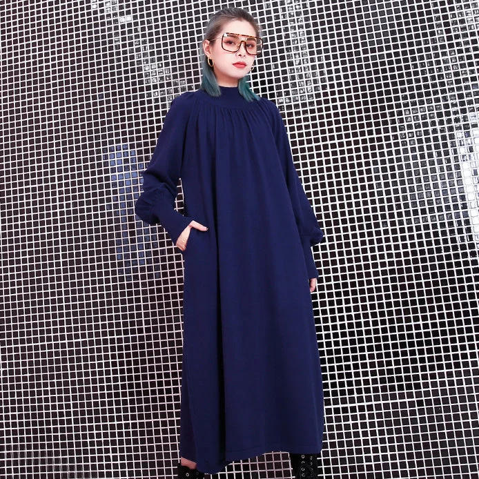 knit dresswomen blue fall casual stand collar traveling dress 2018 pockets baggy dresses